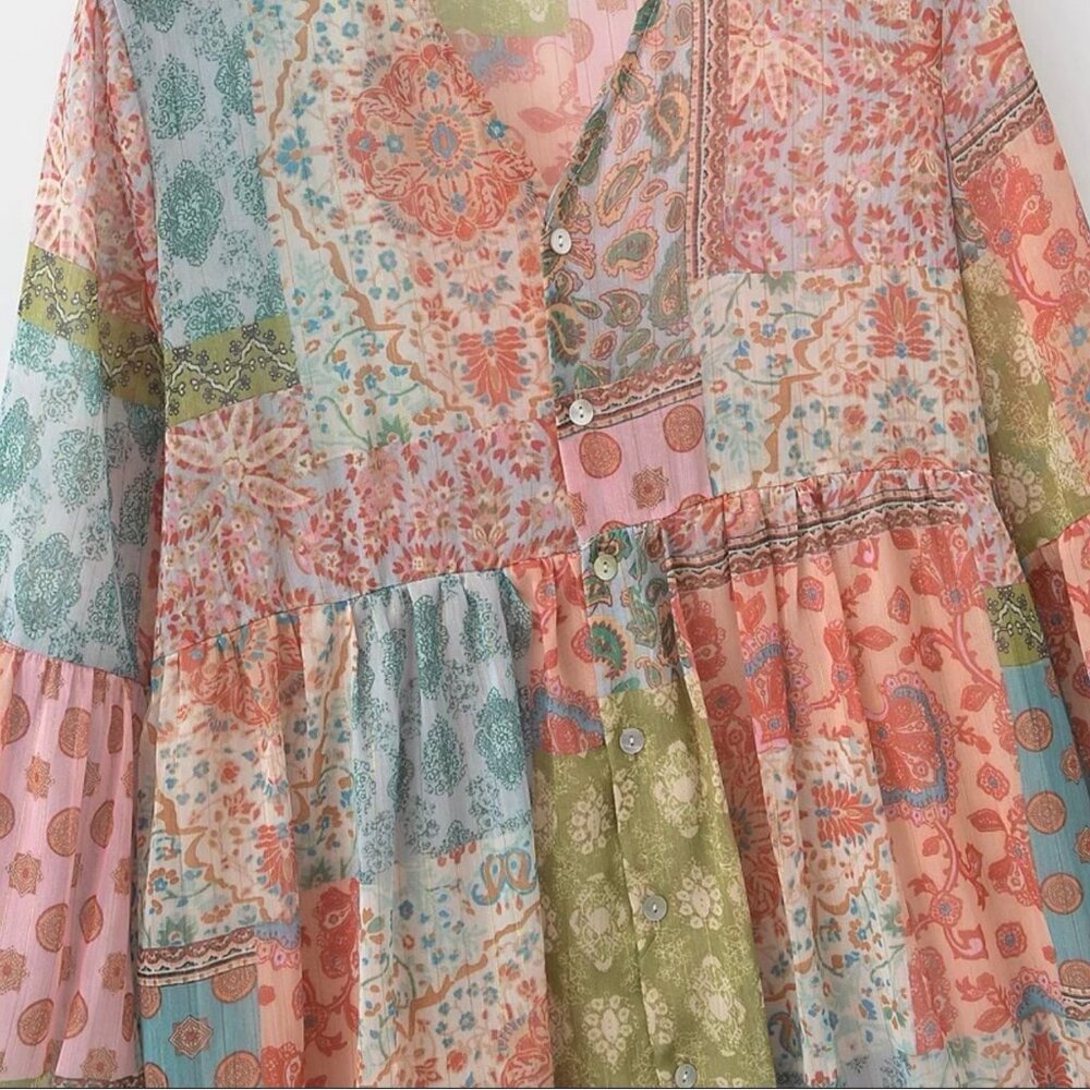 Women Bohemian Style Patchwork Multicolor Paisley V-Neck Short Mini Dress Size L - Picture 8 of 14
